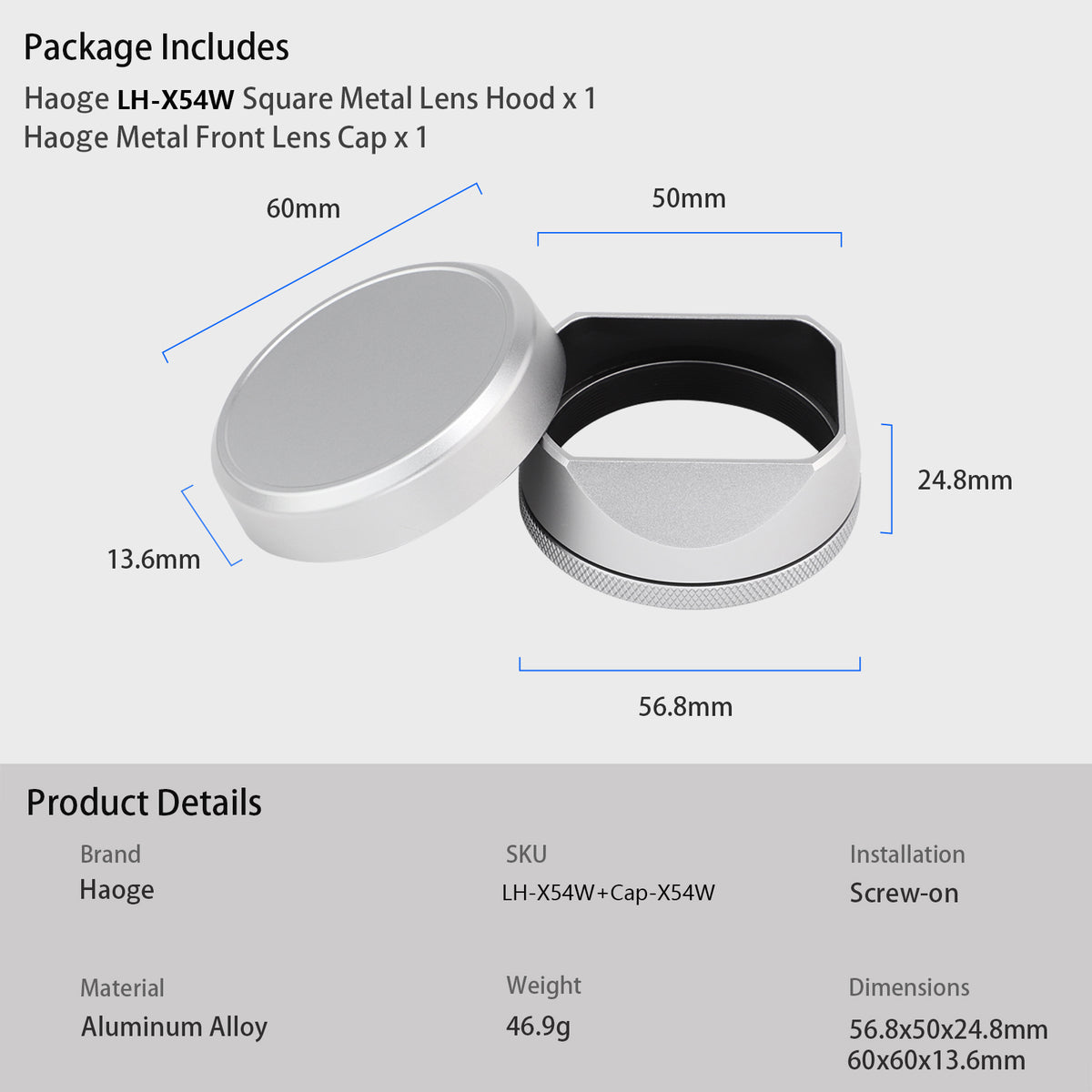 Haoge Square Metal Lens Hood for Fujifilm X100VI Fuji x100vi X100V X100F X100T X100S X100 X70 Camera Silver with 49mm UV Filter Adapter Ring and Metal Cap