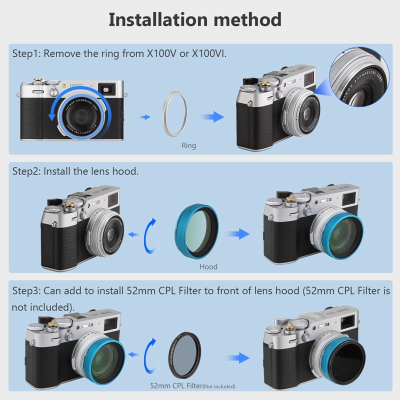 Haoge Metal Lens Hood with MC UV Protection Multicoated Ultraviolet Lens Filter for Fujifilm Fuji X100VI Camera Blue LUV-X54G