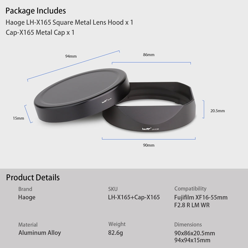 Haoge LH-X165 Square Metal Lens Hood Shade with Metal Cap for Fujifilm Fuji Fujinon XF XF16-55mm F2.8 R LM WR lens xf16-55mm/f2.8