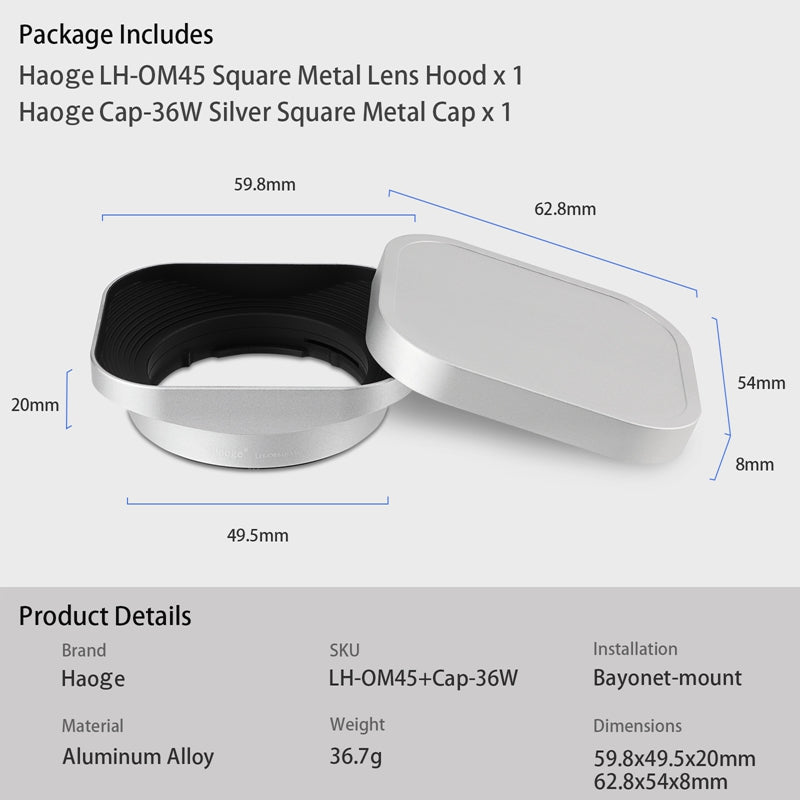 Haoge LH-OM45-W Metal Square Lens Hood with Metal cap for Olympus M.ZUIKO DIGITAL 45mm F1.8 lens Silver Bayonet Shade Hood
