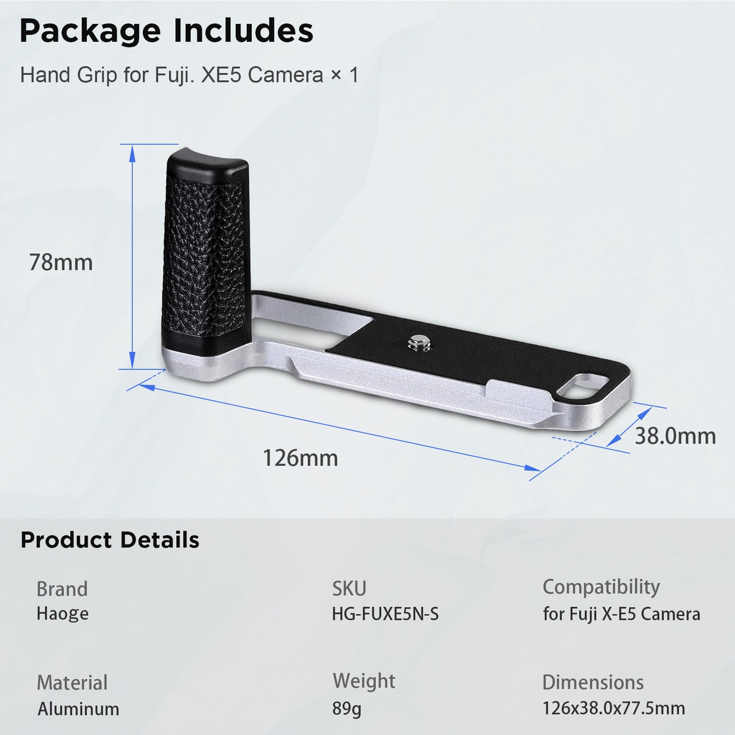 Haoge Handle HandGrip for Fujifilm X-E5 Camera Body L-Shape Grip Bracket HG-FUXE5N-S Silver With Arca-Swiss standard Plate