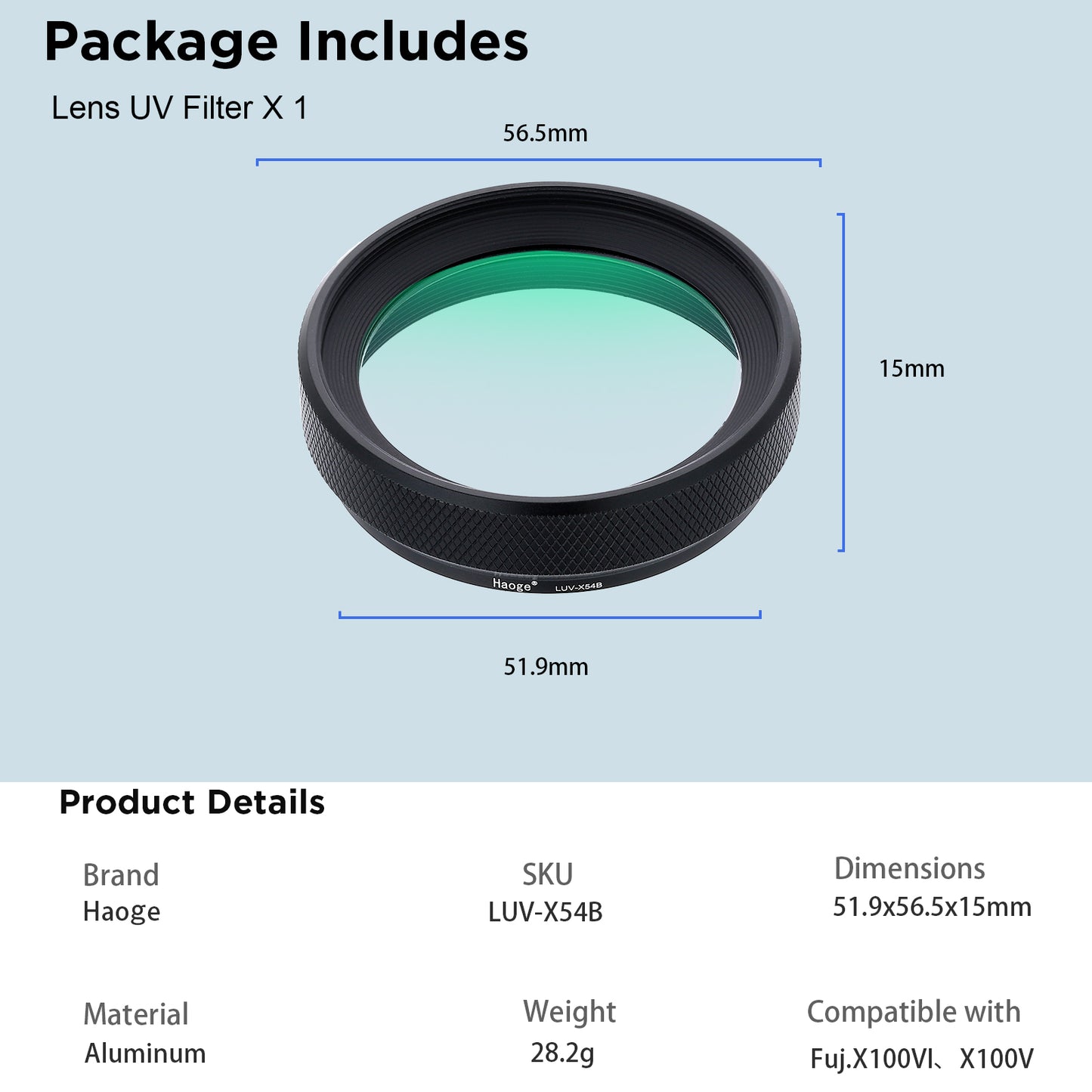 Haoge LUV-X54B メタルレンズフード MC UVカット マルチコート 紫外線レンズフィルター付き Fujifilm Fuji X100Vカメラ用 ブラック