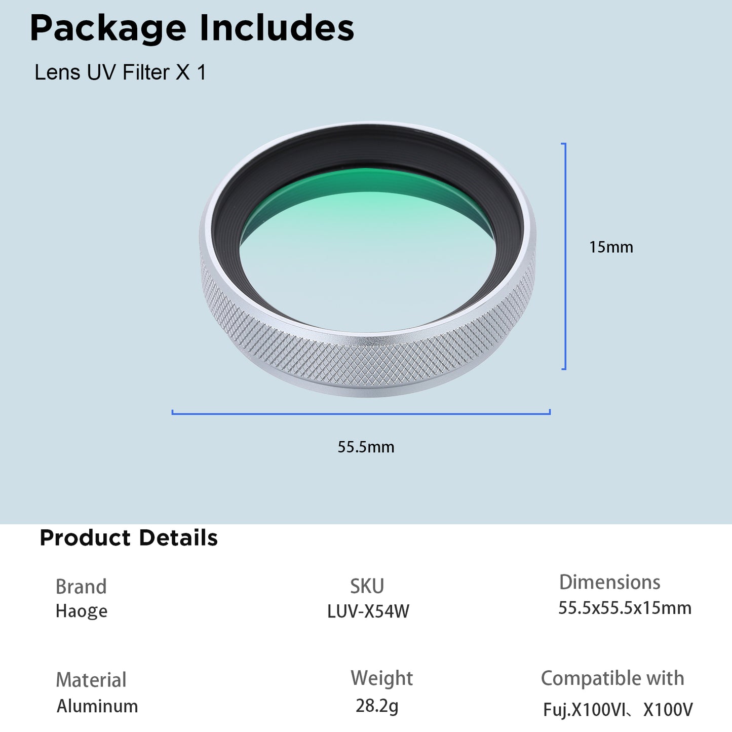 Haoge Metall-Gegenlichtblende mit MC-UV-Schutz, mehrfachvergüteter Ultraviolett-Linsenfilter für Fujifilm Fuji X100VI Kamera, Silber LUV-X54W