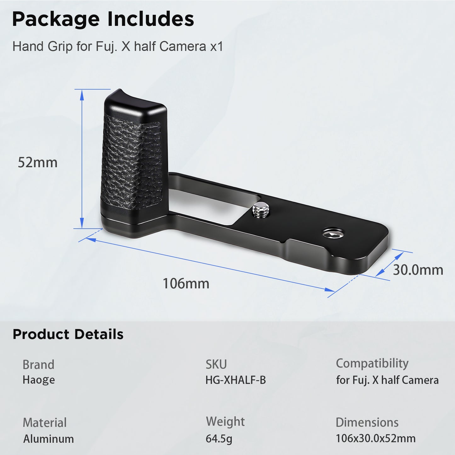 Haoge Camera Bracket Holder for Fujifilm X Half Camera Body HandGrip X-Half L-Shape Grip Bracket Silver Quick-Release plate HG-XHALF-B