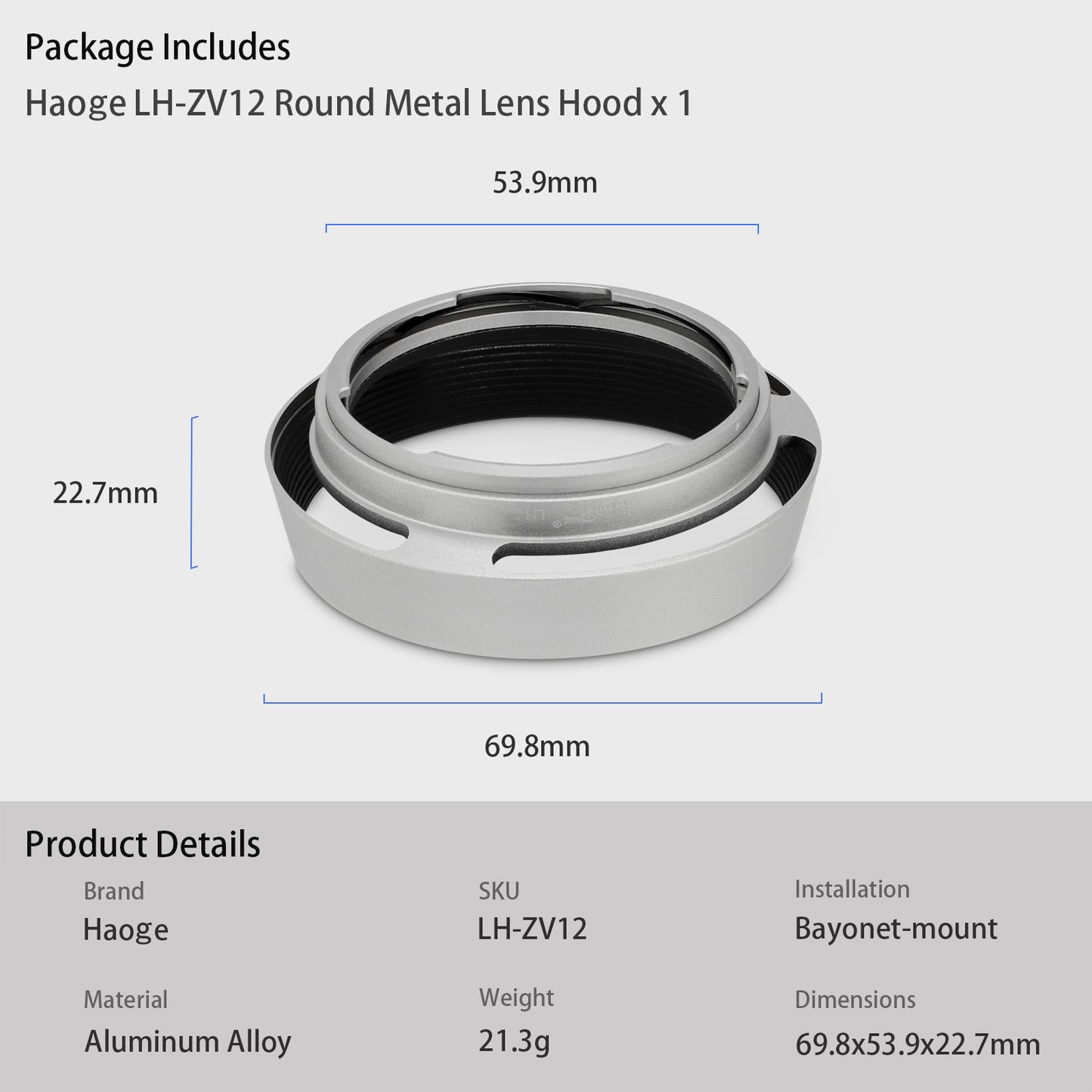 Haoge LH-ZV12 Round Metal Lens Hood for Carl Zeiss C Biogon T* 2.8/28 28mm f2.8 ZM, C Sonnar 1.5/50 50mm f1.5 ZM Lens silver