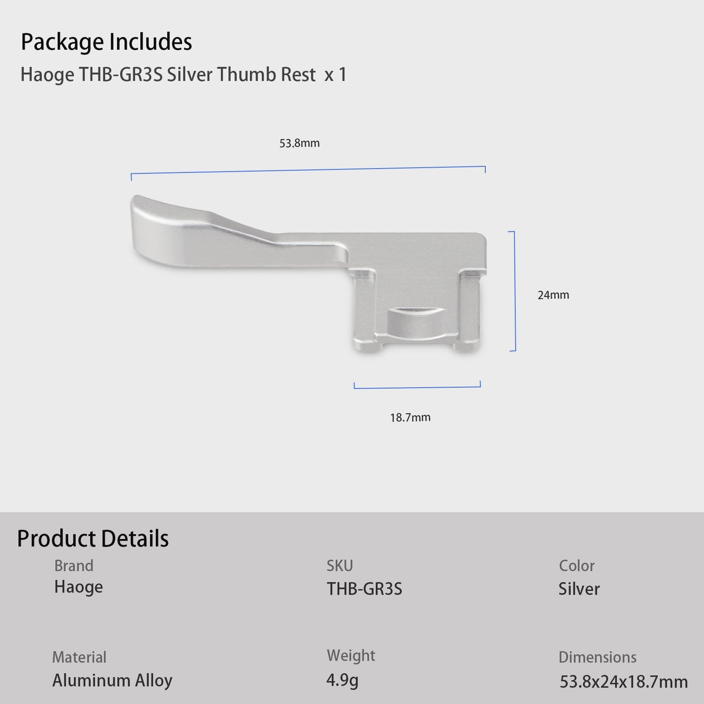 Haoge THB-GR3S Metal Hot Shoe Thumb Up Rest Hand Grip for RICOH GR III GRIII GR3 Camera Silver
