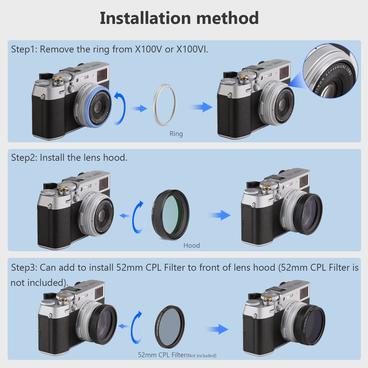 Haoge Metal Lens Hood with MC UV Protection Multicoated Ultraviolet Lens Filter for Fujifilm Fuji X100VI Camera Black LUV-X54B