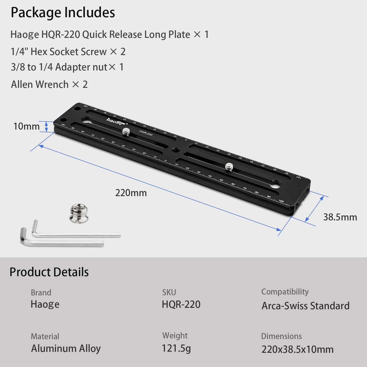 Haoge 220mm Multi-purpose Long Quick Release Extender Rail Sliding Plate for Camera Tripod Ballhead Clamp fit Benro Arca Swiss Sunwayfoto