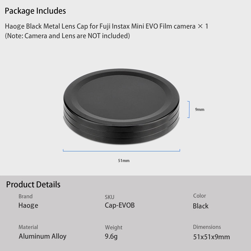 Haoge Metal Lens Cap for Fujifilm Instax Mini Evo Film Photo Camera Accessories Lens Cover,Black