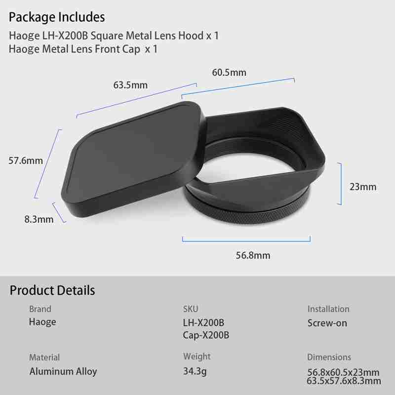 Haoge Metal Square Lens Hood for Fujifilm X100VI Fuji X1006 X100V X100F X100T X100S X100 X70 with 49mm UV Filter Adapter Ring & Metal Cap Black