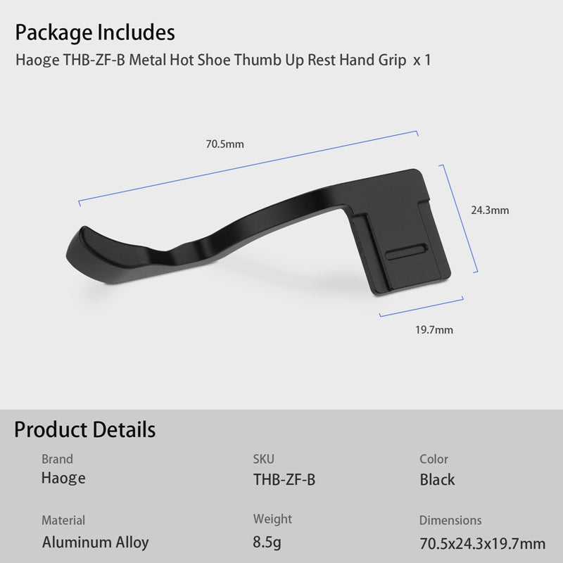 Haoge Metal Thumb Up Rest Hand Grip for Nikon Zf  ZF Camera Accessories Black THB-ZF-B Hot Shoe Thumb Up