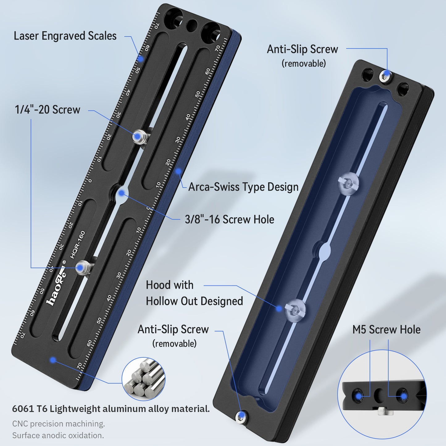 Haoge HQR-160 160mm Multi-Purpose Long Quick Release Extender Rail Sliding Plate for Camera Tripod Ballhead Clamp fit Benro Arca Swiss Sunwayfoto
