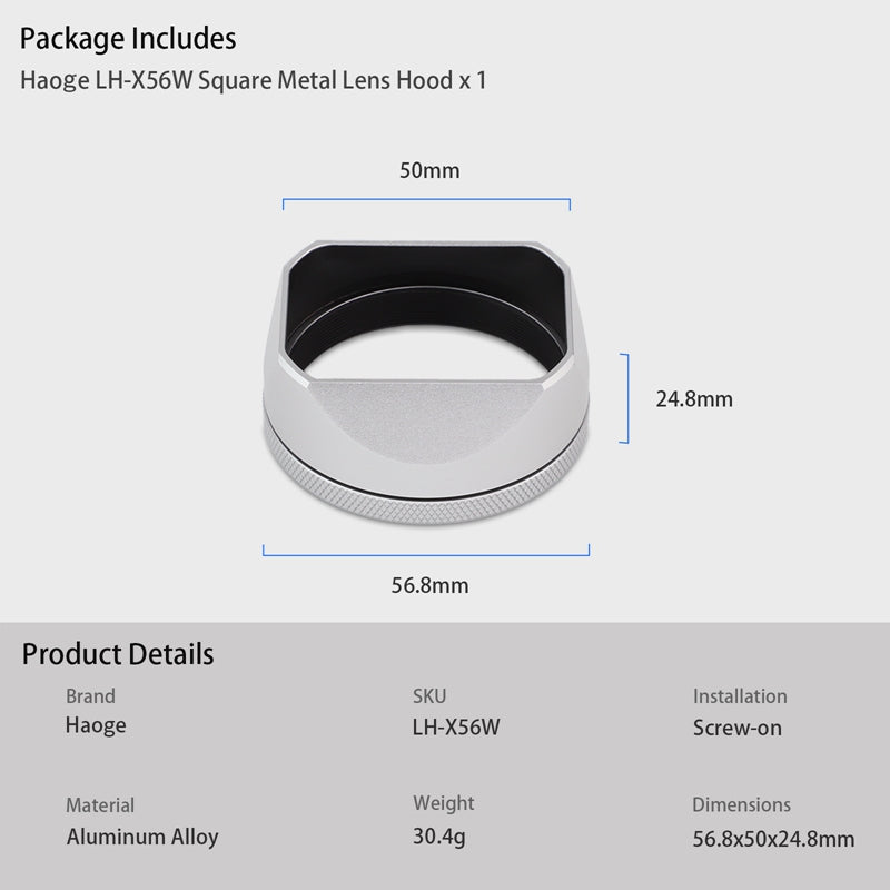 Haoge Square Metal Lens Hood for Fujifilm X100V Fuji X100VI Camera Silver with 49mm UV Filter Adapter Ring