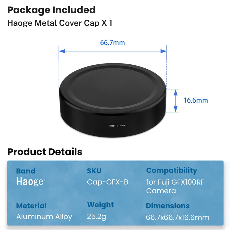 Haoge Metal Front Lens Cap Cover for Fujifilm GFX100RF Camera Accessories Black Cap-GFX-B