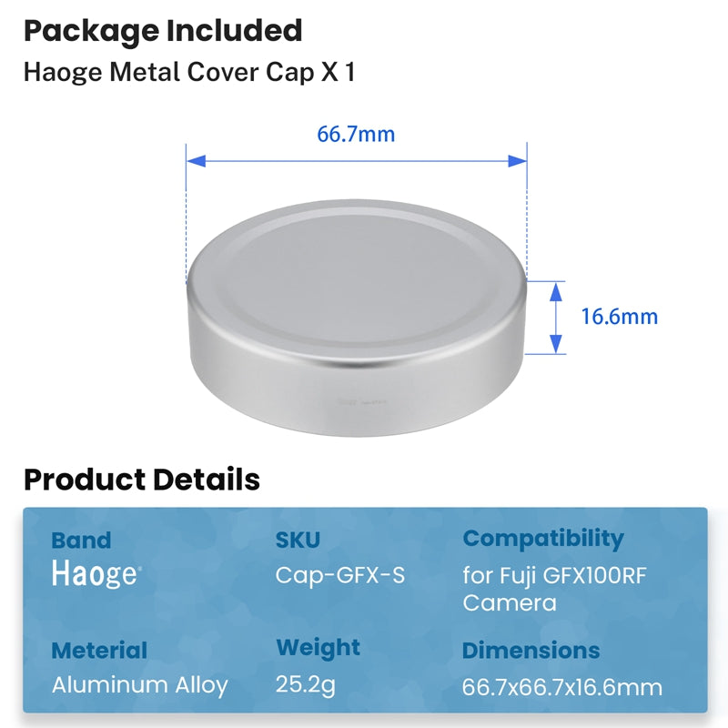 Haoge Metal Front Lens Cap Cover for Fujifilm GFX100RF Camera Accessories Silver Cap-GFX-S