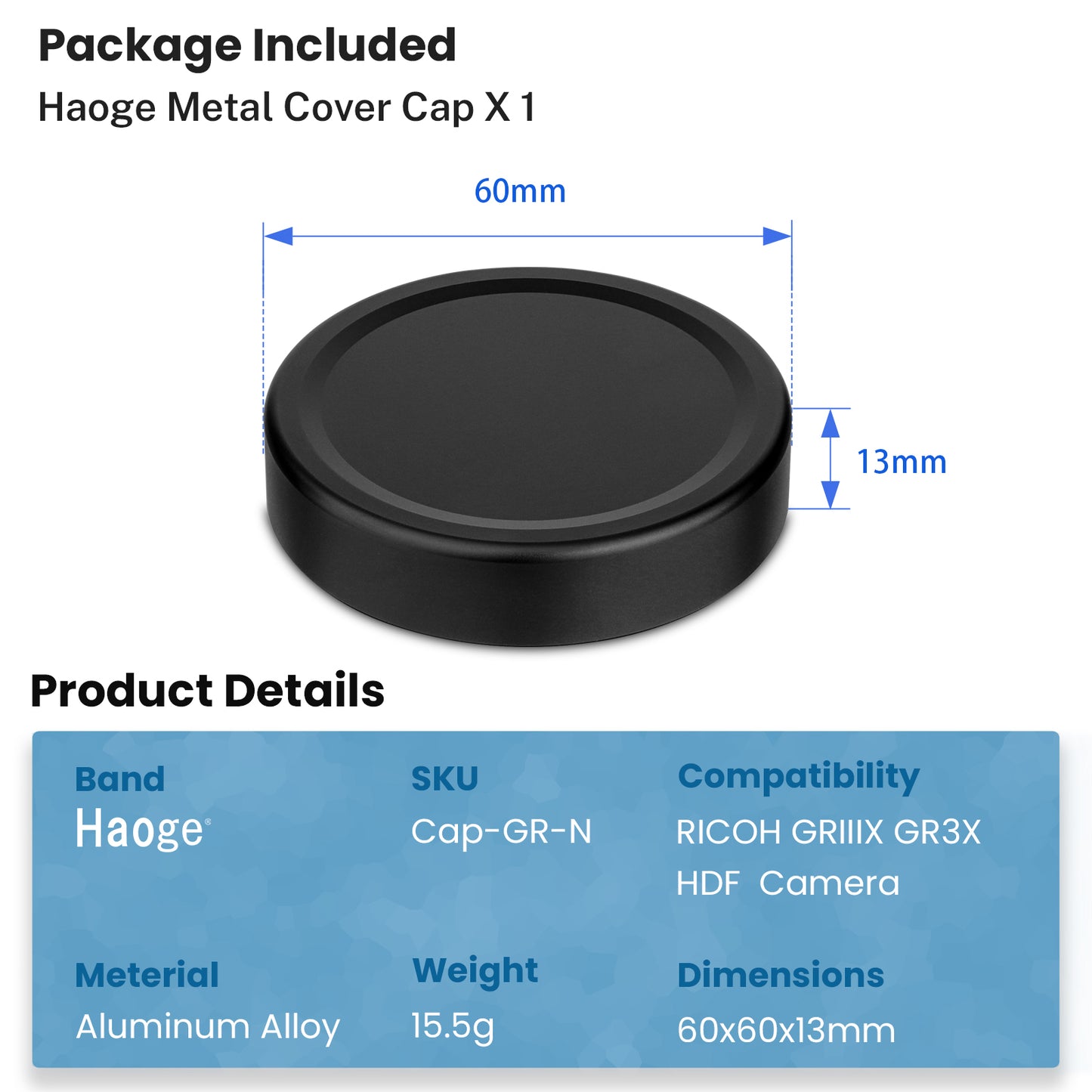 Haoge Cap-GR-N Metal Front Lens Cap Cover for RICOH GR III GRIII GR3 GR IIIX GRIIIX GR3X HDF & HCamera Black