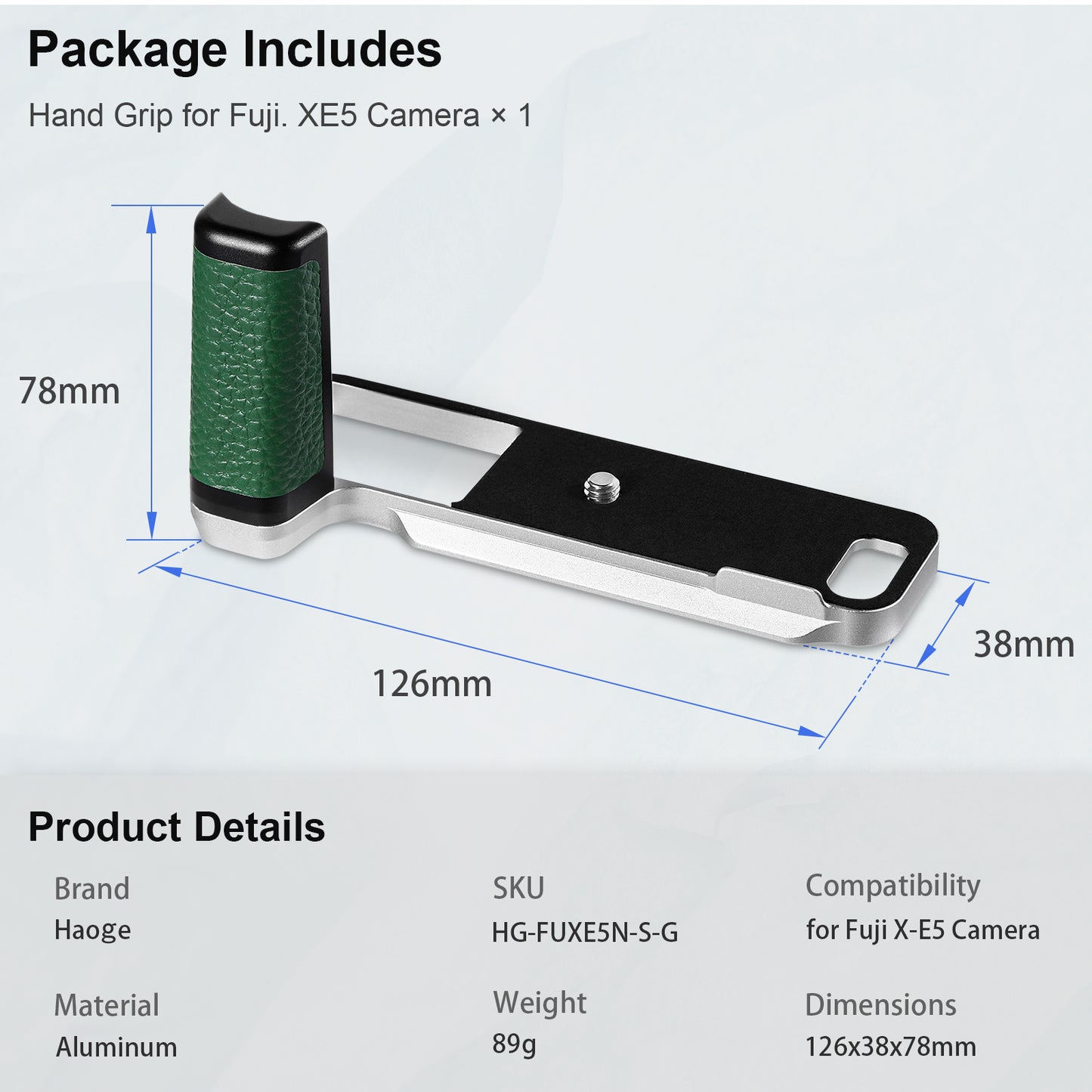 Haoge Handle Leather HandGrip for Fujifilm X-E5 Camera Body L-Shape Grip Bracket Silver With Arca-Swiss standard Plate HG-FUXE5N-S-G Green