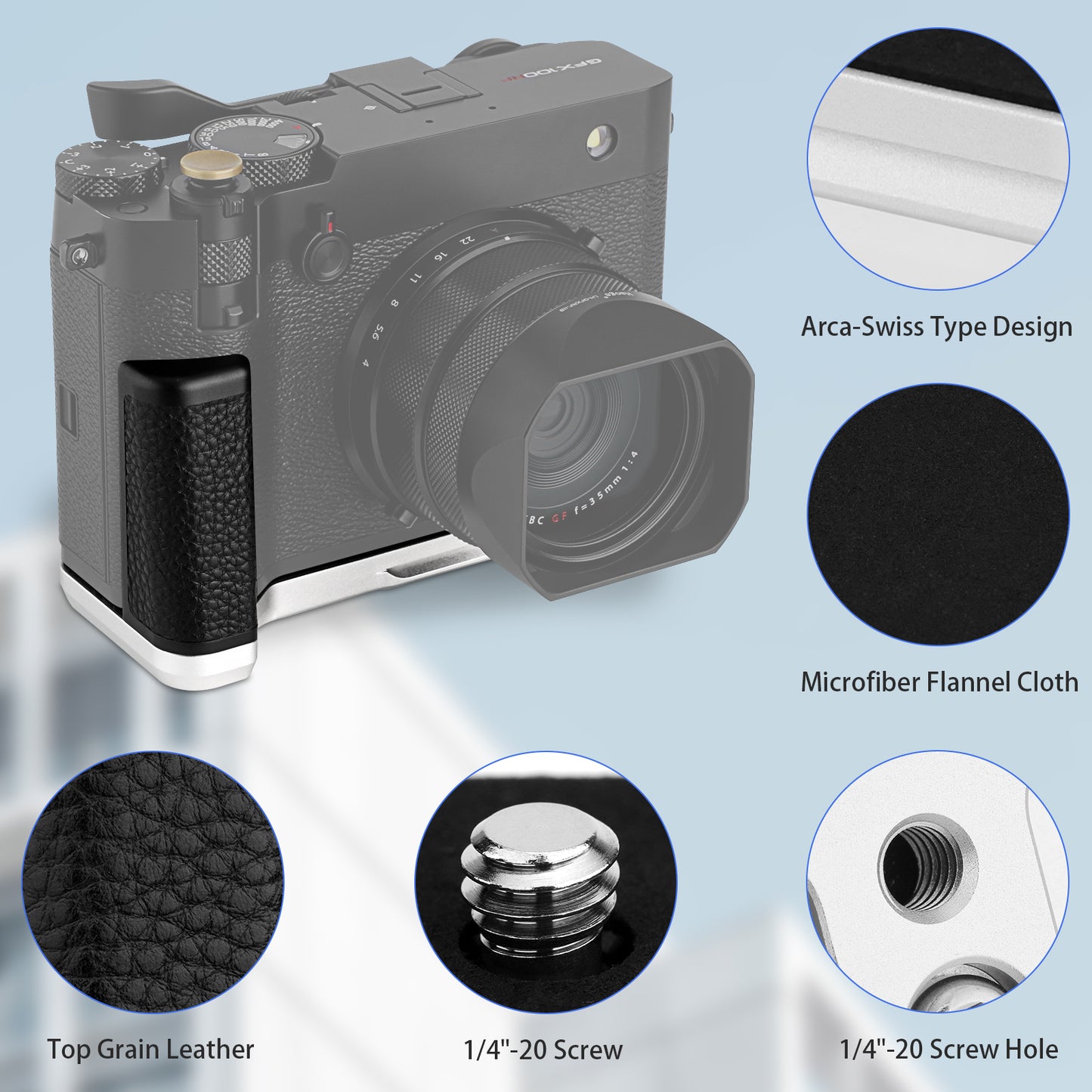 Haoge Handle HandGrip for Fujifilm GFX100RF Camera Body L-Shape Grip Bracket Silver Bottom quick-release plate