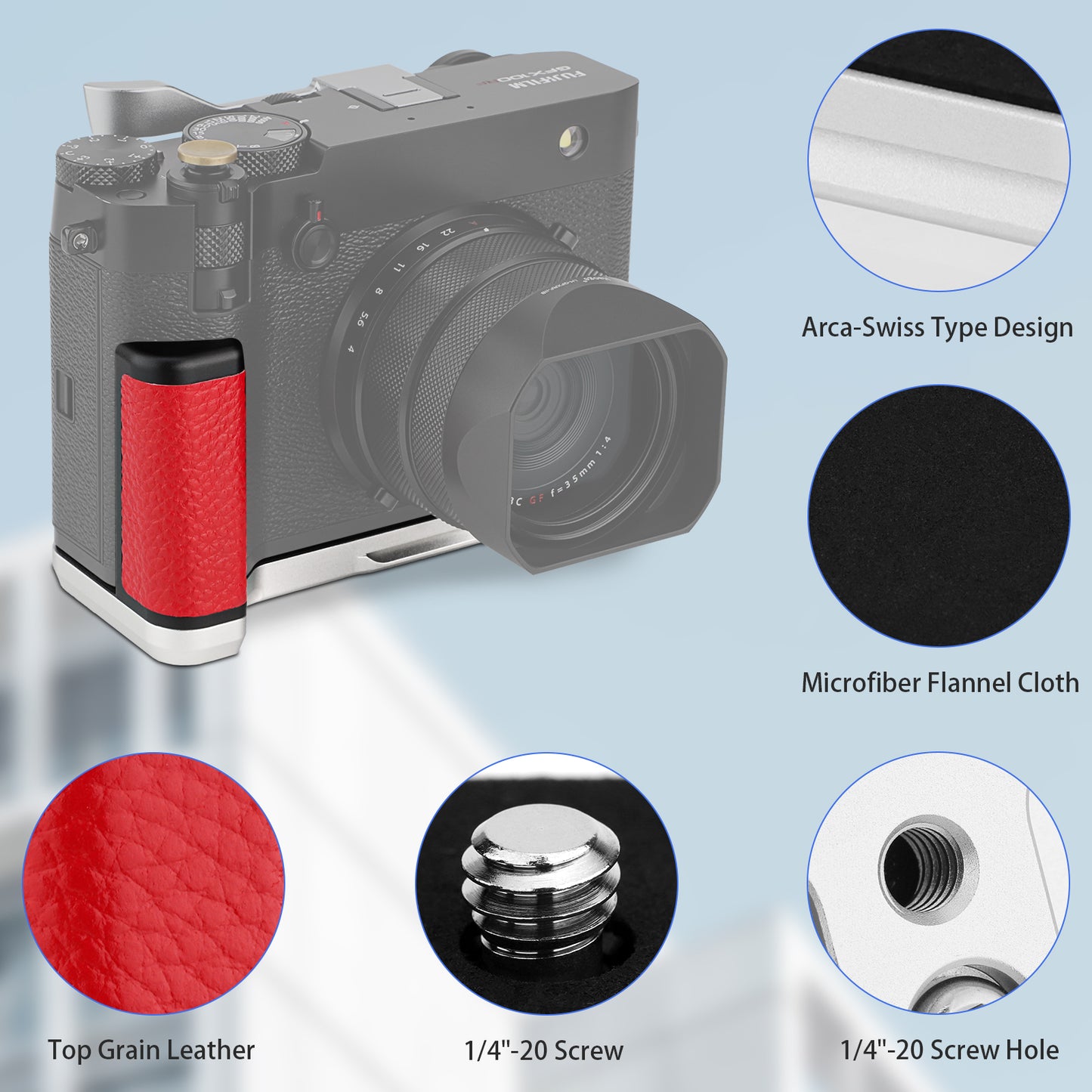 Haoge Handle HandGrip for Fujifilm GFX100RF Camera Body L-Shape Grip Bracket Silver Bottom quick-release plate