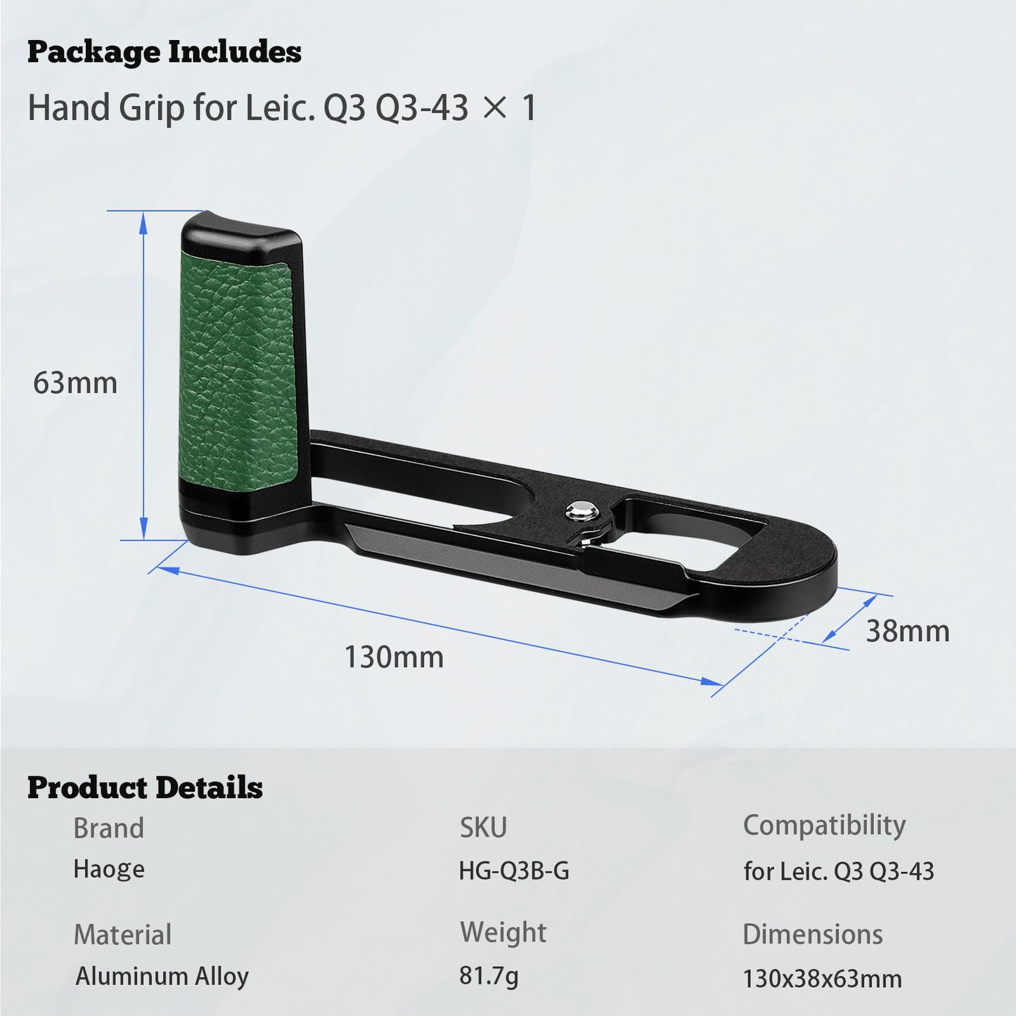 Haoge Handle HandGrip for Leica Q3 Q3-43 Digital Camera Body Accessories L-Shape Grip Bracket Green HG-Q3B-G