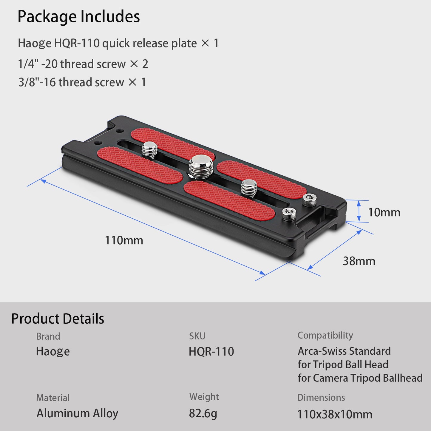Haoge HQR-110 Tripod Arca Plates 110mm Universal Arca Swiss Quick Release Plate for Canon RF 200-800mm F6.3-9 IS USM Lens Tripod Ball Head with Hand-Adjustable Stainless Steel Screw of 1/4" and 3/8" Built-in Strap hole (New Version)