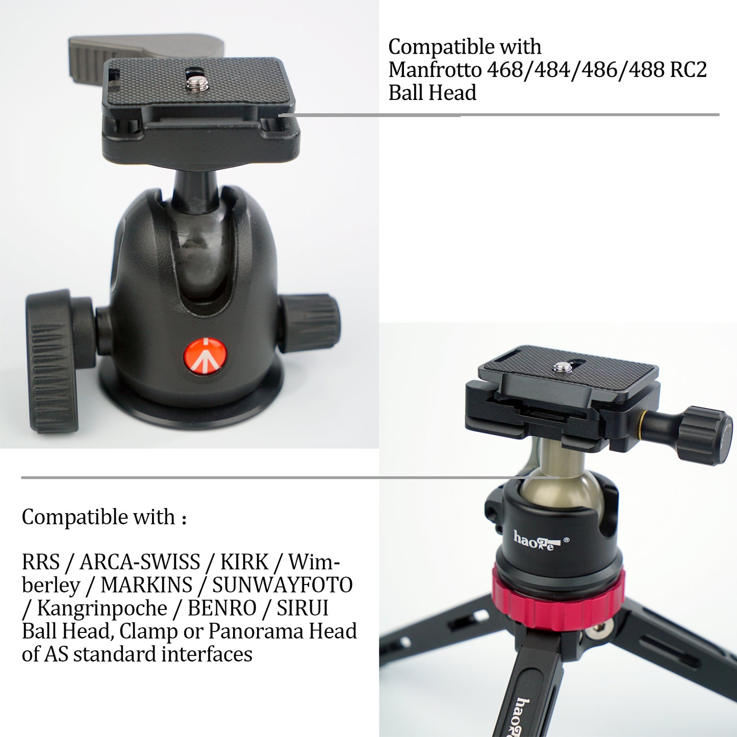 Haoge P30 Double type Quick Release Plate of Arca-type and Manfrotto's RC2 standard Compatible ARCA-SWISS/KIRK Manfrotto 468/484/486/488 RC2 Ball Head