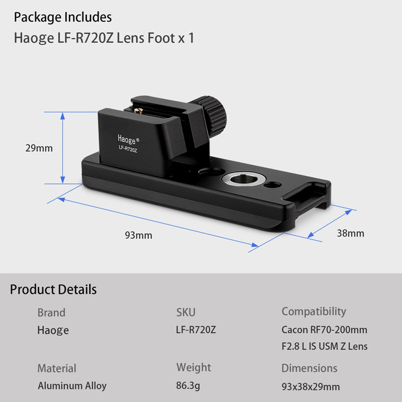 Haoge LF-R720Z rf 70-200 Z Lens Collar Replacement Foot for Canon RF70-200mm F2.8 L IS USM Z Lens built-in Arca Type Quick Release Base Support Plate