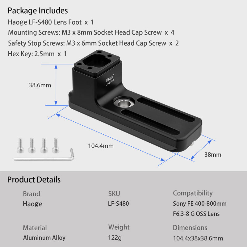 Haoge LF-S480 Lens Collar Replacement Foot for Sony FE 400-800mm f/6.3-8 G OSS Lens built-in Arca Type Quick Release Base Support Plate