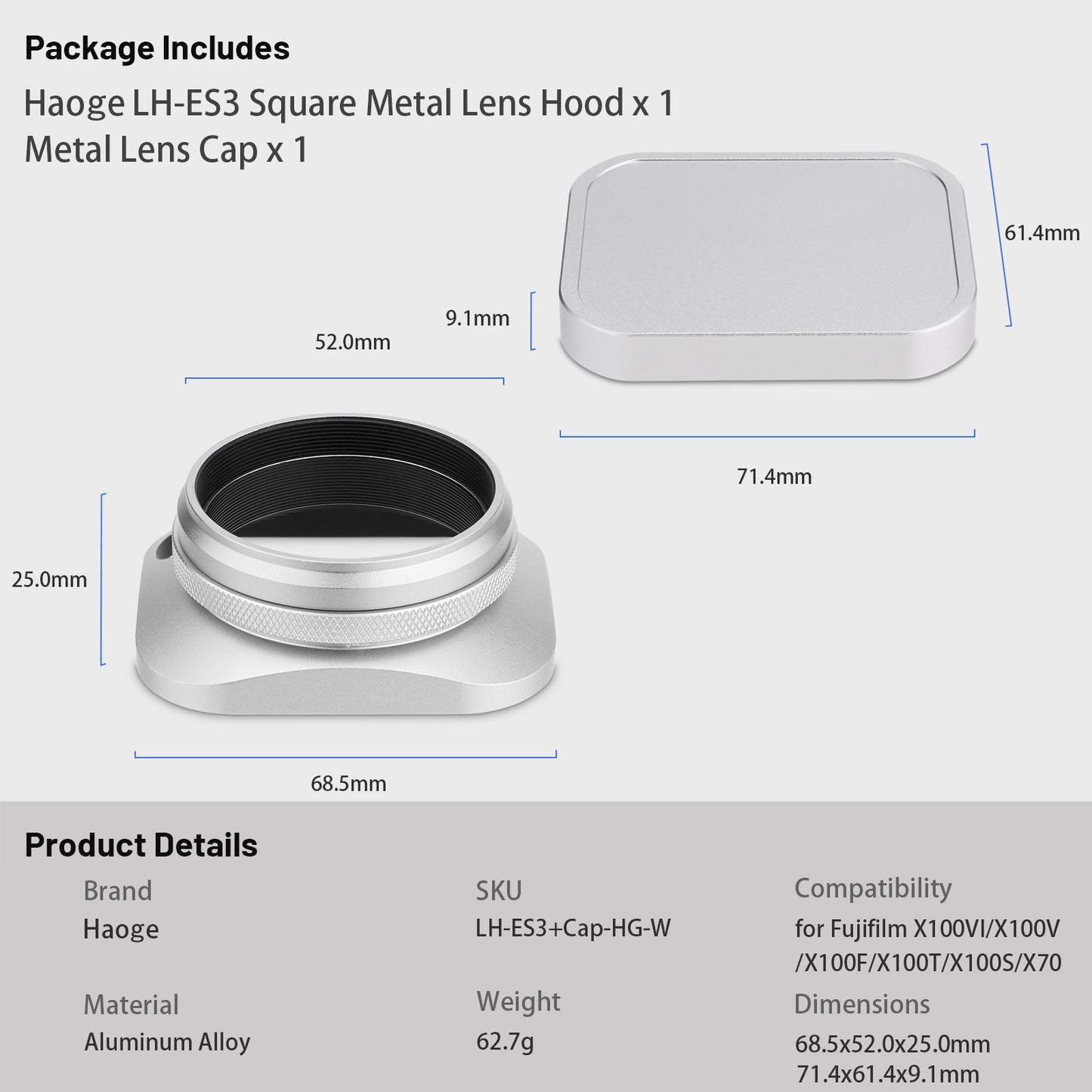 Haoge LH-ES3 Square Metal Lens Hood Hollow Out Designed with 49mm Adapter Ring with Cap for Fujifilm Fuji FinePix X100 X100S X100T X70 X100F X100V X100VI Camera Replaces LH-X100 AR-X100 LH-X70 Silver