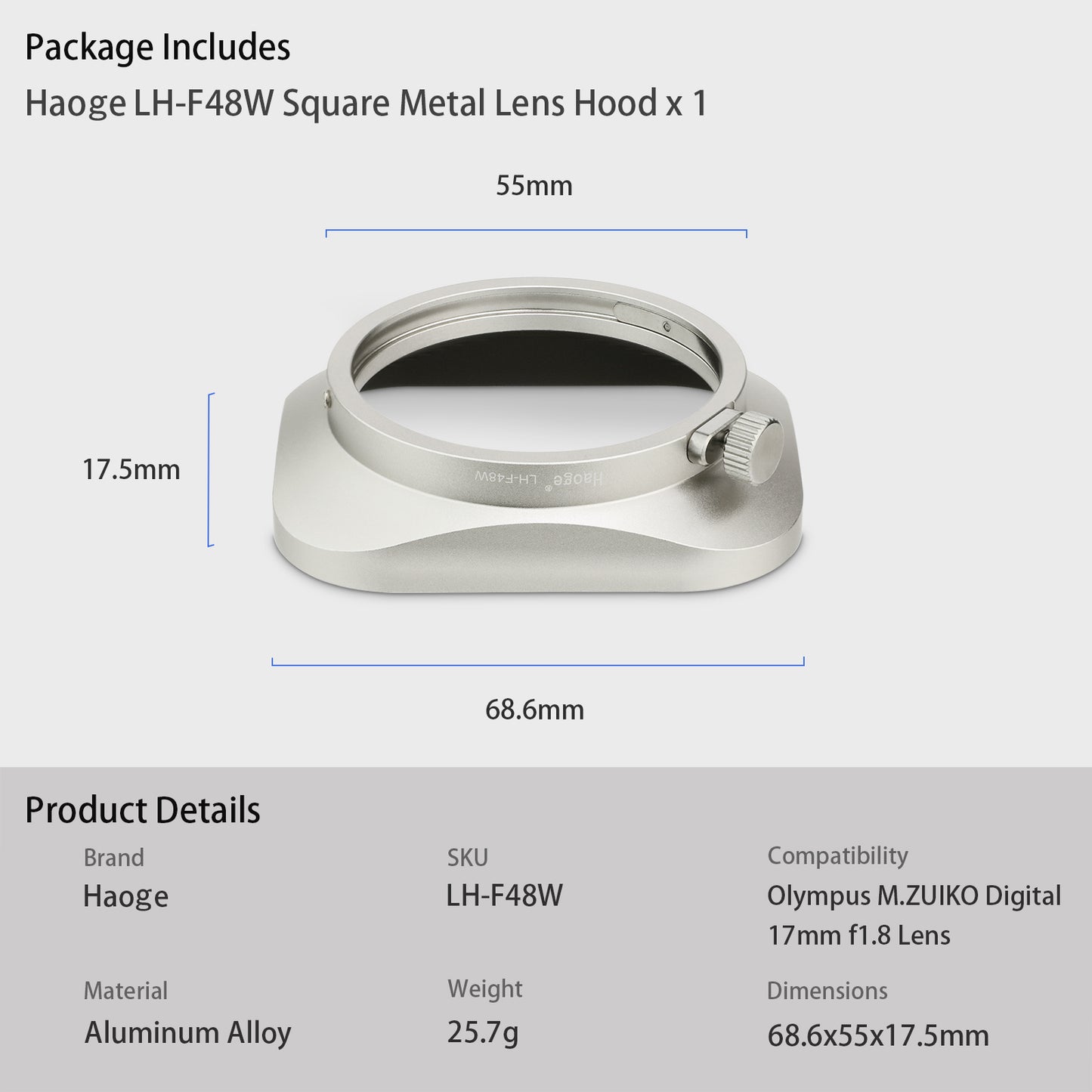 Haoge LH-F48W Square Metal Lens Hood Shade for Olympus M.ZUIKO Digital 17mm f1.8 Lens replace LH-48B Silver