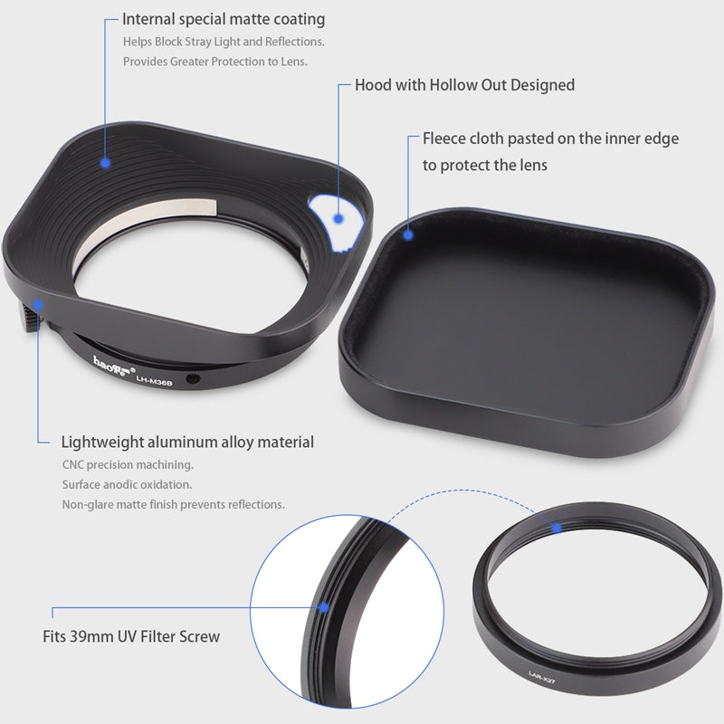 Haoge Metal Squaret Lens Hood for Fujifilm Fujinon XF27mmF2.8 R WR Lense Hood Black,With Metal Cap