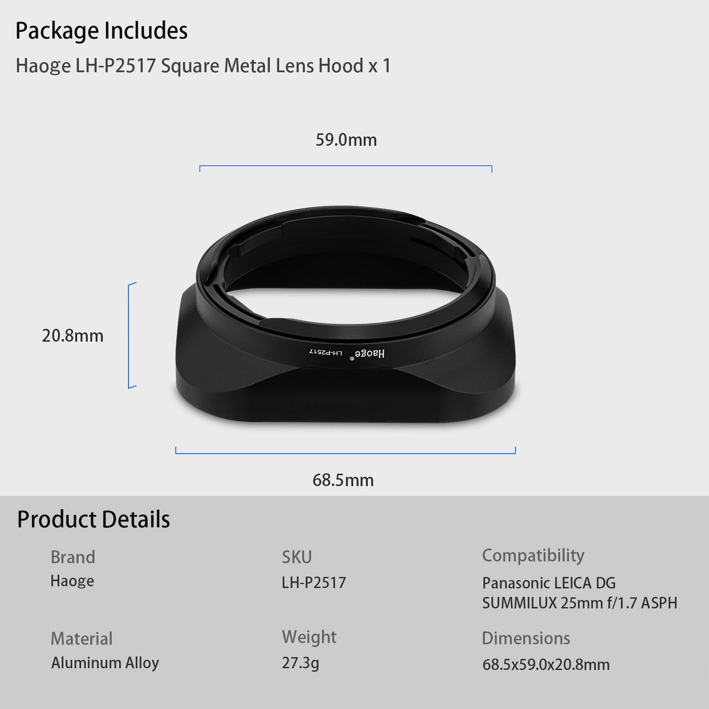 Haoge LH-P2517 Square Metal Lens Hood for Panasonic LUMIX G 25 mm/F1.7 ASPH lens g25MM F1.7 H-H025