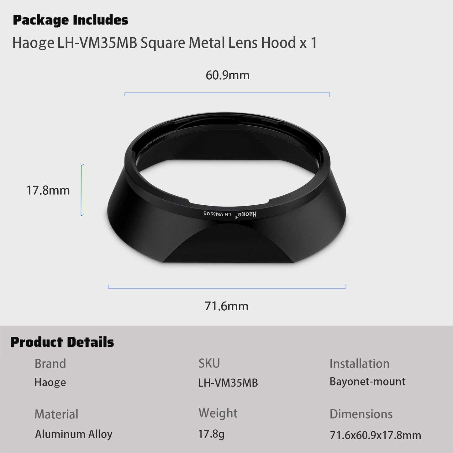Haoge Bayonet Metal Square Lens Hood for Voigtlander Nokton Aspherical ASPH 40mm f/1.2 VM,35mm f1.2 VM II/III, 50mm f1.2 VM Leica M-Mount Lens replaces LH-8 Shade Black LH-VM35MB