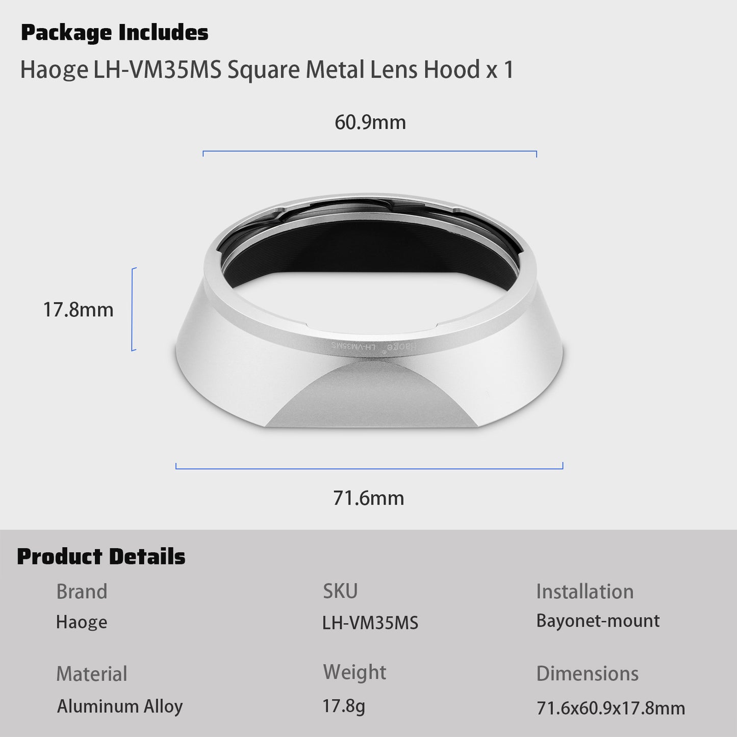 Haoge Metal Square Bayonet Lens Hood for Voigtlander Nokton Aspherical ASPH 40mm f1.2 VM,35mm f/1.2 II/III VM, 50mm f1.2 VM Leica M-Mount Lens replaces LH-8 Shade LH-VM35MS Silver