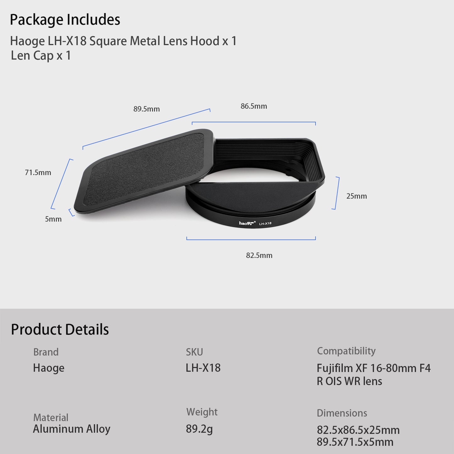 Haoge Square Metal Lens Hood Shade with Cap for Fujifilm Fuji Fujinon XF16-55mm F2.8 R LM WR II Lens on X-Pro3 XT30II XT5 XT50 Camera