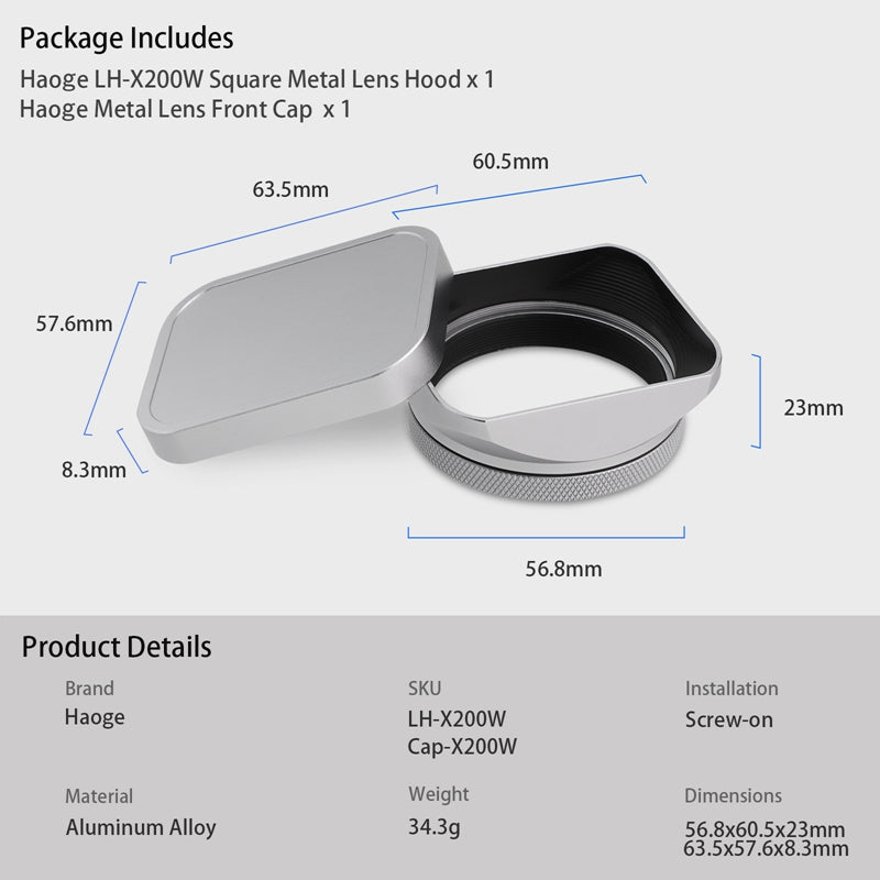 Haoge LH-X200S Square Metal Lens Hood with 49mm Adapter Ring for Fujifilm X100VI Fuji X1006 X100V X100F X100T X100S X100 X70 Fuji Photo Camera Accessories Silver