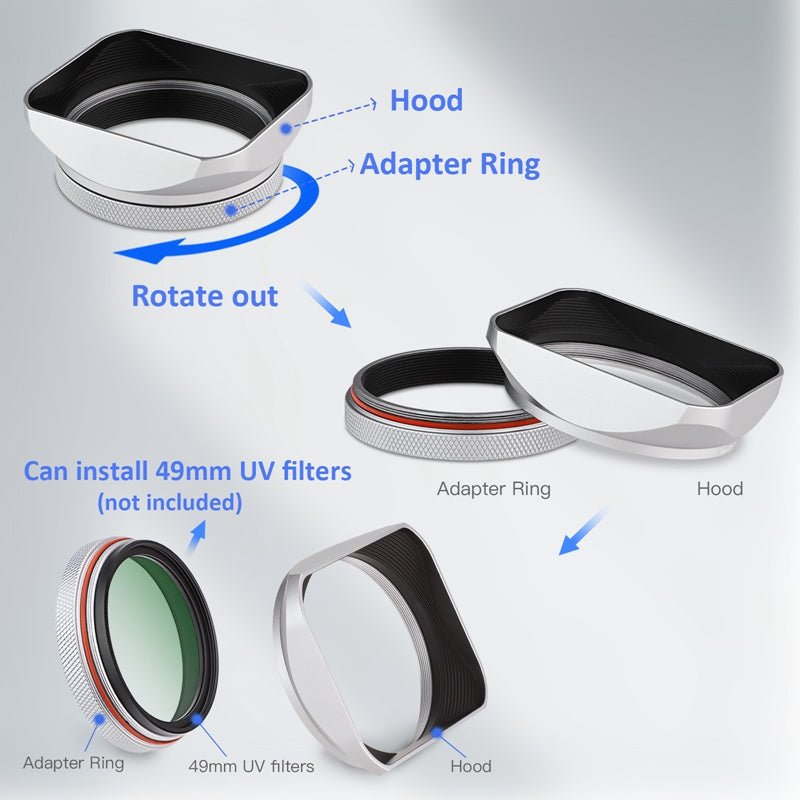 Haoge LH-X200S Square Metal Lens Hood with 49mm Adapter Ring for Fujifilm X100VI Fuji X1006 X100V X100F X100T X100S X100 X70 Fuji Photo Camera Accessories Silver