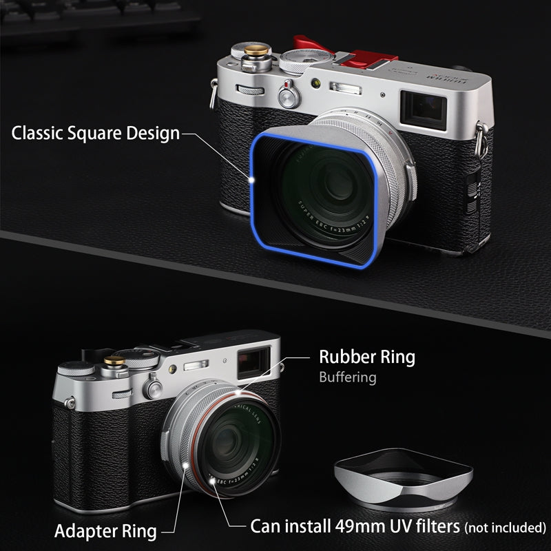 Haoge LH-X200S Square Metal Lens Hood with 49mm Adapter Ring for Fujifilm X100VI Fuji X1006 X100V X100F X100T X100S X100 X70 Fuji Photo Camera Accessories Silver