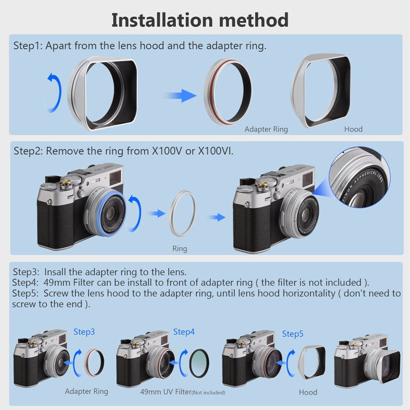 Haoge LH-X200S Square Metal Lens Hood with 49mm Adapter Ring for Fujifilm X100VI Fuji X1006 X100V X100F X100T X100S X100 X70 Fuji Photo Camera Accessories Silver