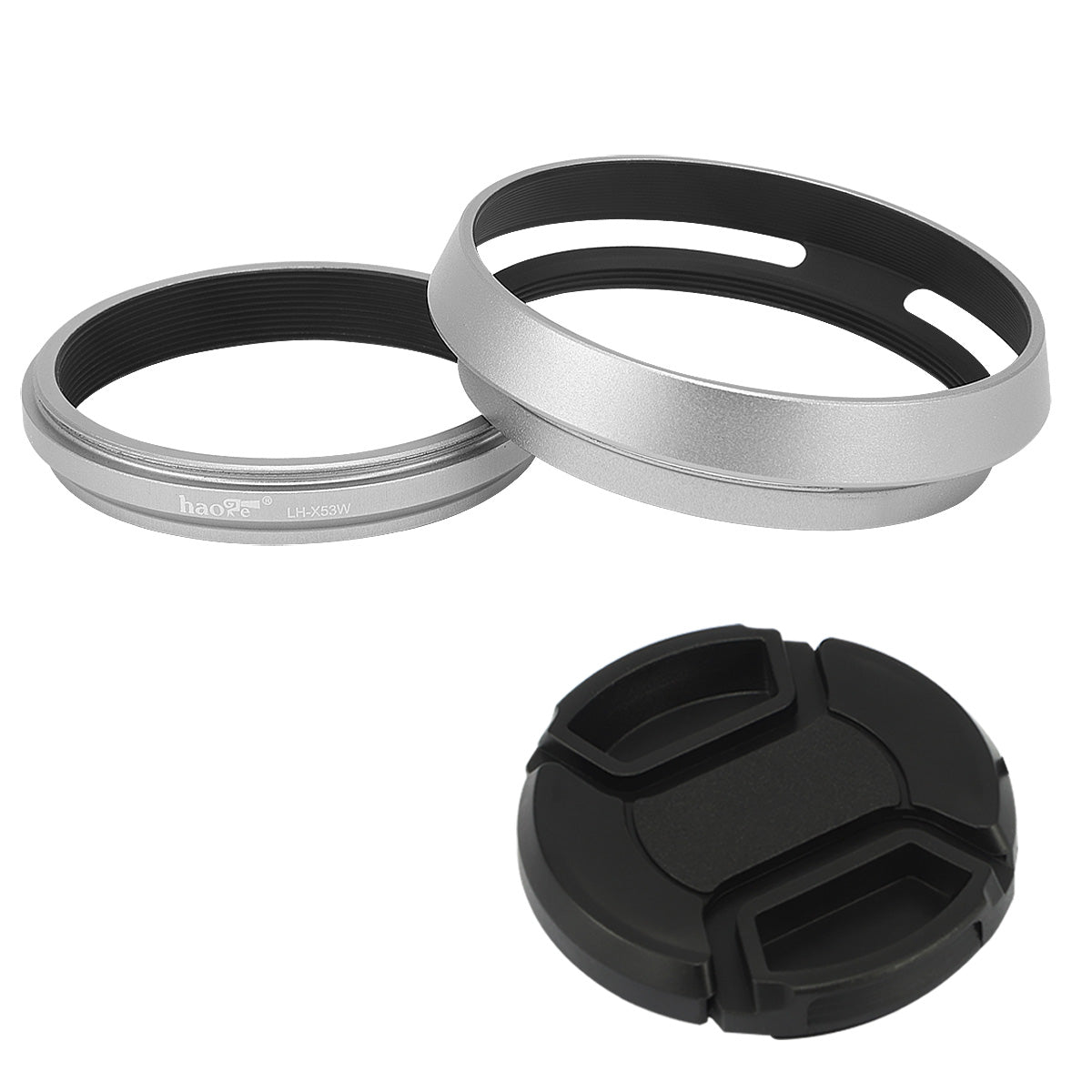 Haoge LH-X53W 3in1 Lens Hood with Adapter Ring with Cap Set for Fujifilm Fuji FinePix X70 X100 X100S X100T X100F X100V Camera Silver replaces Fujifilm LH-X100