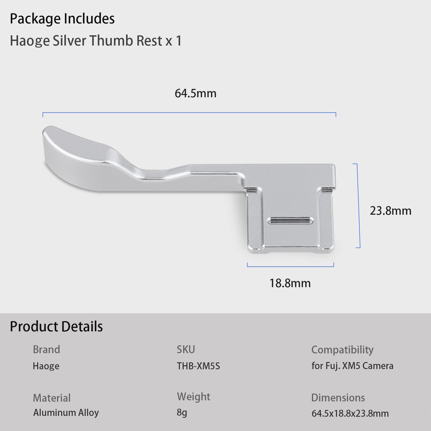 Haoge Metal Thumb Up Grip for Fujifilm X-M5 Camera Digital Accessories xm5 Hot Shoe Thumb Up Rest Support Handgrip Silver THB-XM5S