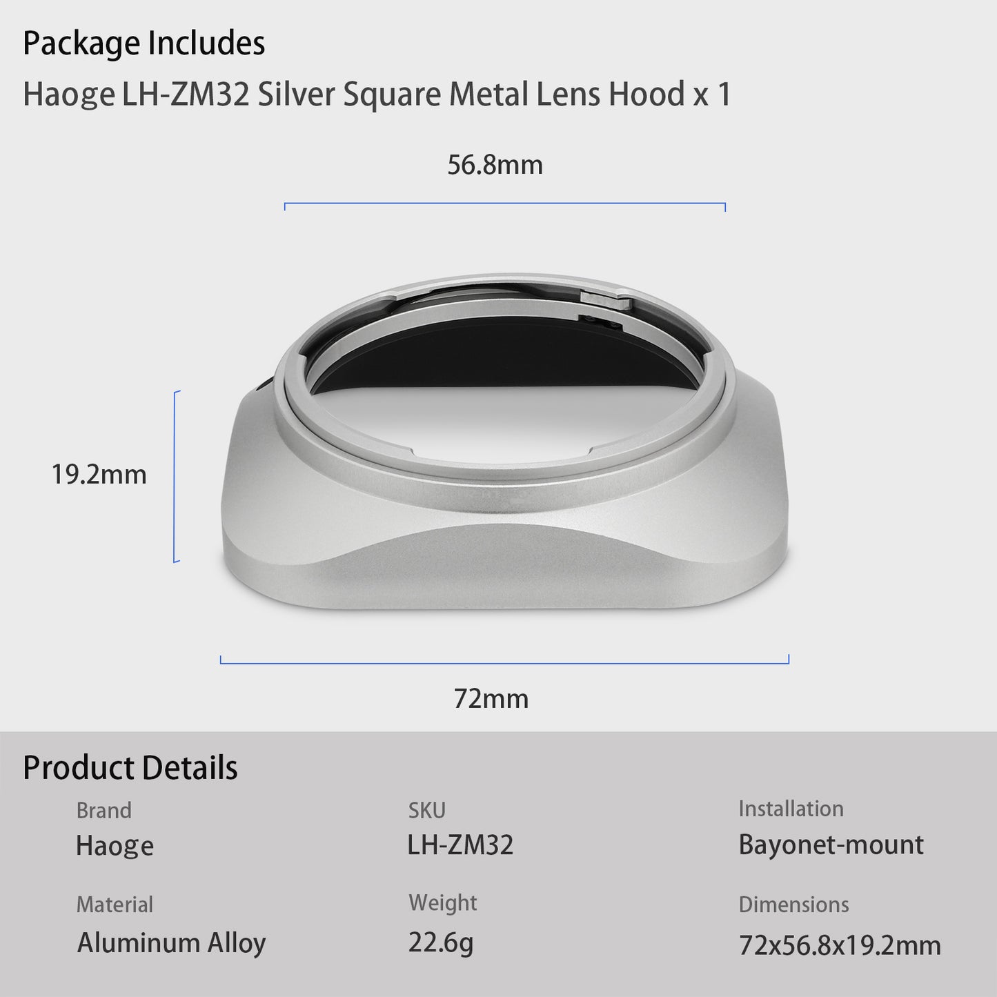 Haoge LH-ZM33P Bayonet Metal Square Lens Hood for Voigtlander 35 mm / 1:2.0 APO-Lanthar aspherical VM Lens,Voigtlander 50 mm / 1:2.0 APO-Lanthar aspherical VM Lens Silver replace LH-13