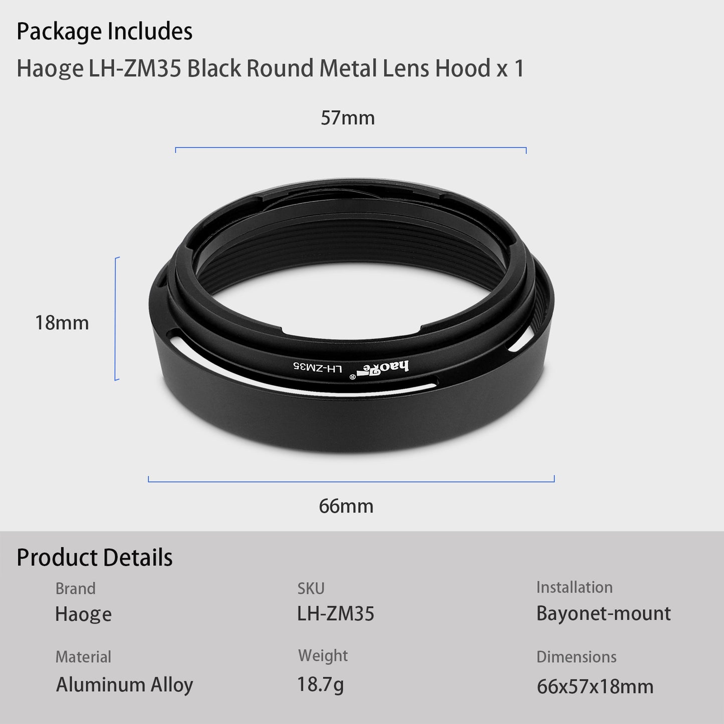 Haoge LH-ZM35 Bayonet Metal Round Lens Hood Shade Compatible with Voigtlander APO-Lanthar 35 mm / 1:2.0 50 mm / 1:2.0 VM Lens Black replace LH-13