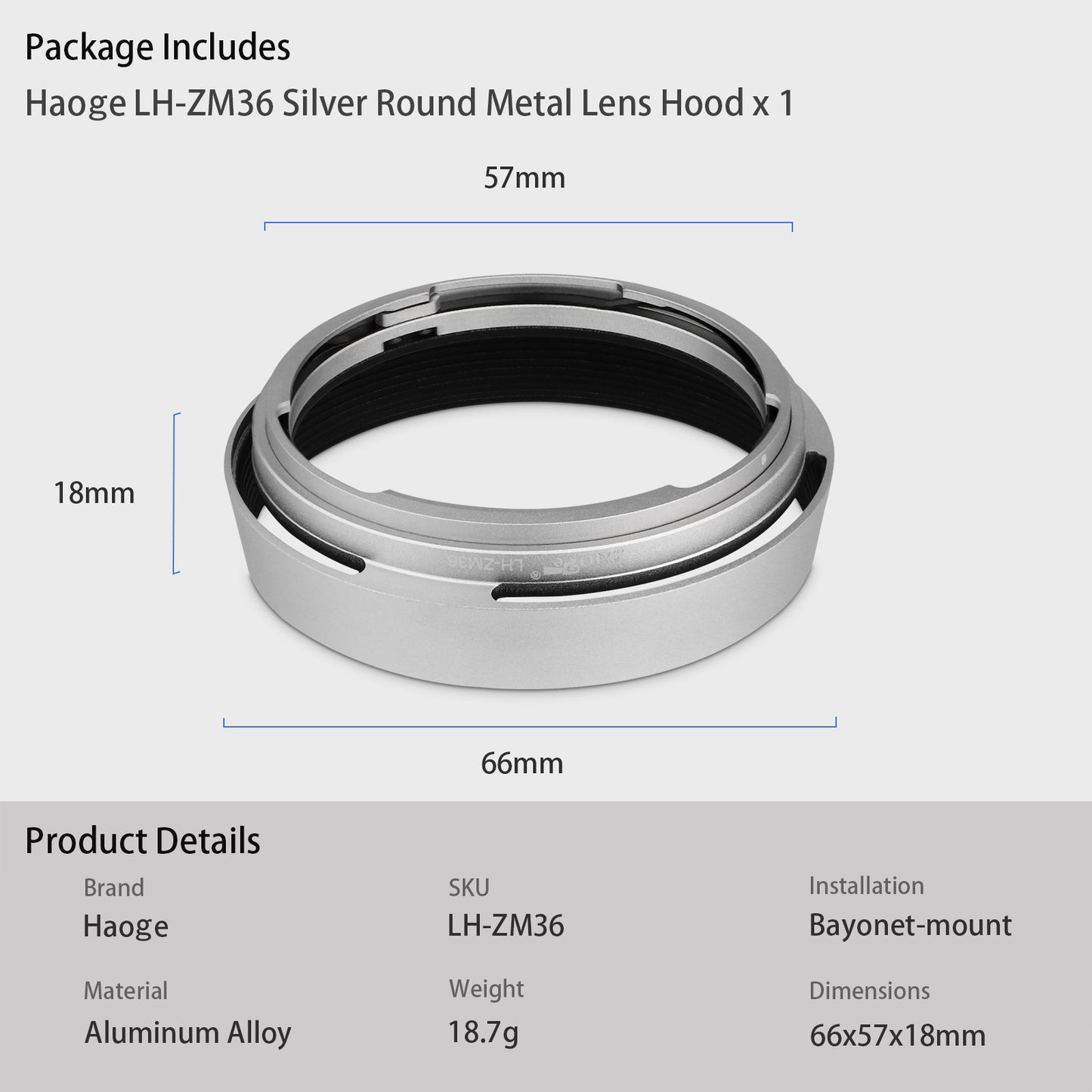 Haoge LH-ZM36 Bayonet Metal Round Lens Hood Shade Compatible with Voigtlander APO-Lanthar 35mm f2 VM Lens ,Voigtlander APO-Lanthar 50mm f2 VM Lens silver