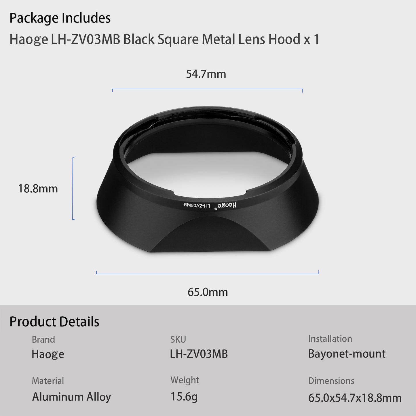 Haoge Square Metal Lens Hood for Carl Zeiss C Sonnar T* 1.5/50 50mm f1.5 ZM Biogon T* 2.8/21 21mm f2.8 ZM, C Biogon T* 4.5/21 21mm f4.5 ZM, 2.8/25 25mm f2.8 ZM, 2.8/28 28mm f2.8 ZM Lens LH-ZV03MB