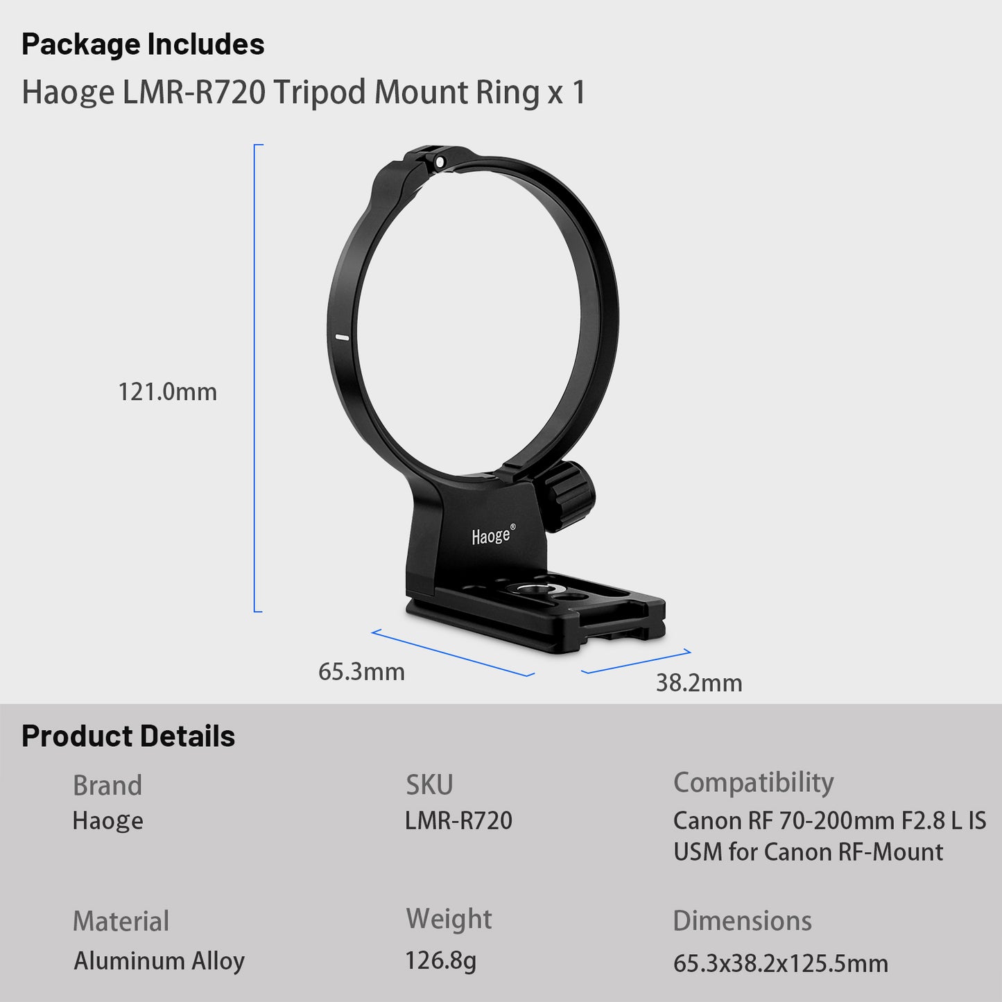 Haoge LMR-R720 Lens Collar Tripod Mount Ring for Canon RF 70-200mm F2.8 L IS USM Lens RF70200 Stand Base Canon RF-Mount built-in Arca Type Quick Release Plate
