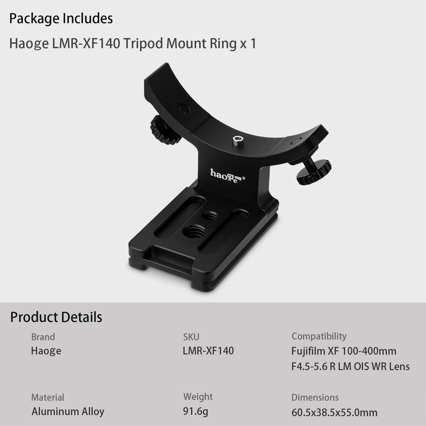 Haoge LMR-XF140 Lens Collar Replacement Foot Tripod Mount Ring for Fujifilm Fuji Fujinon XF 100-400mm F4.5-5.6 R LM OIS WR XF100-400mmF4.5-5.6 Lens built-in Arca Swiss Type Quick Release Plate