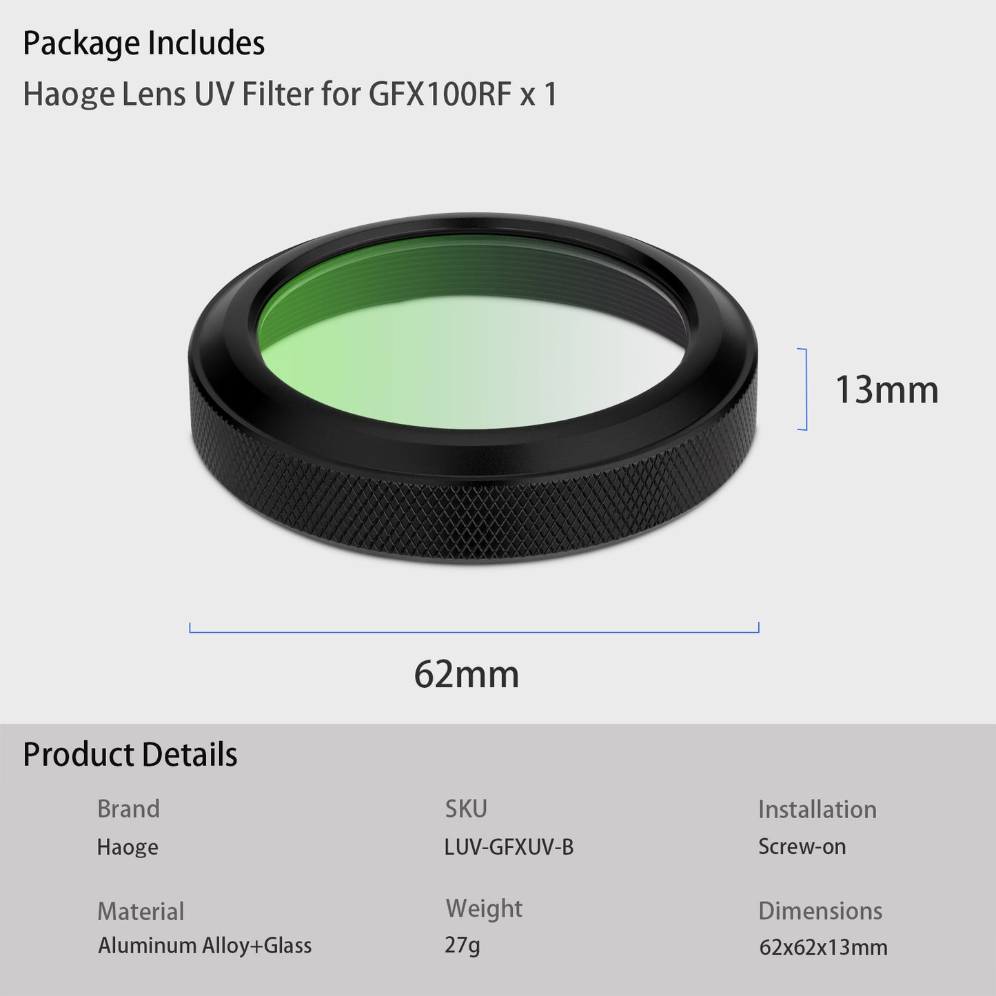 Haoge MC UV Camera Lens Protection Filter for Fujifilm GFX100RF Camera Compatible with Original lens cap, No Lens Hood Adapter Needed. Black LUV-GFXUV-B