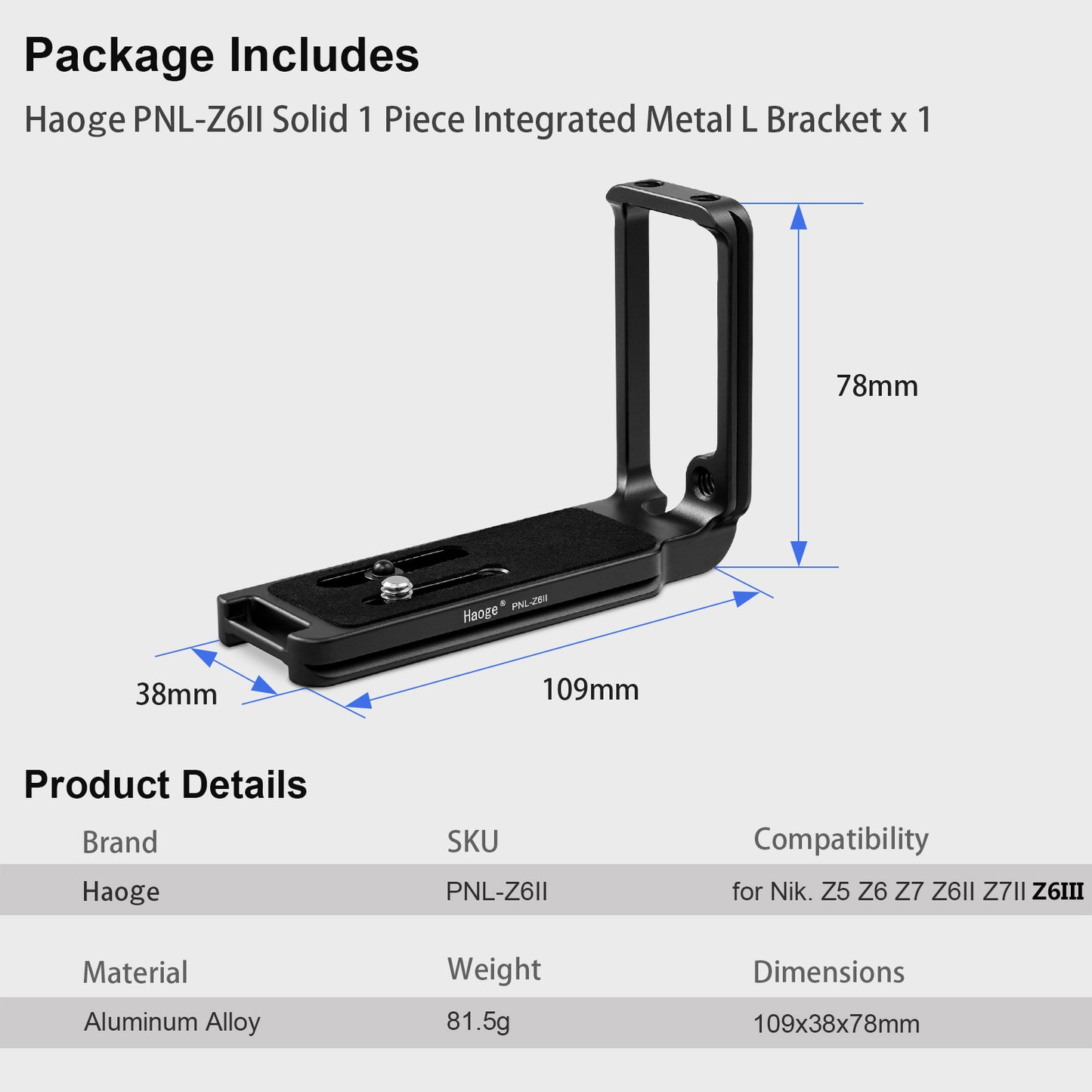 Haoge PNL-Z6II L Bracket for Nikon Z5 Z6 Z7 Z6II Z6III Z7II Camera , Arca Style Compatiable Quick Release Plate