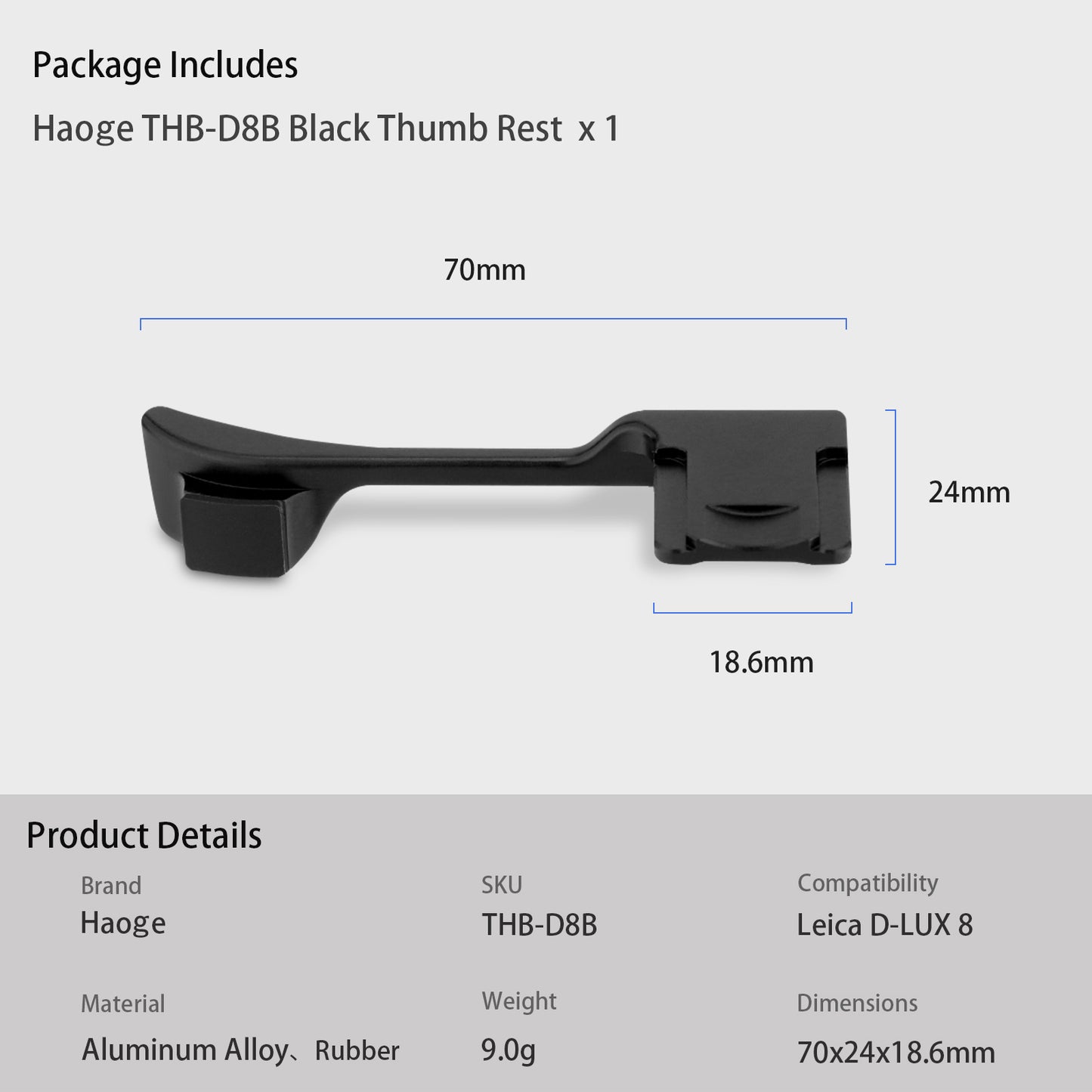 Haoge Metal Thumb Up Grip for Leica D-LUX 8 Camera Digital AccessoriesTHB-D8B Hot Shoe Thumb Up Rest Support Handgrip